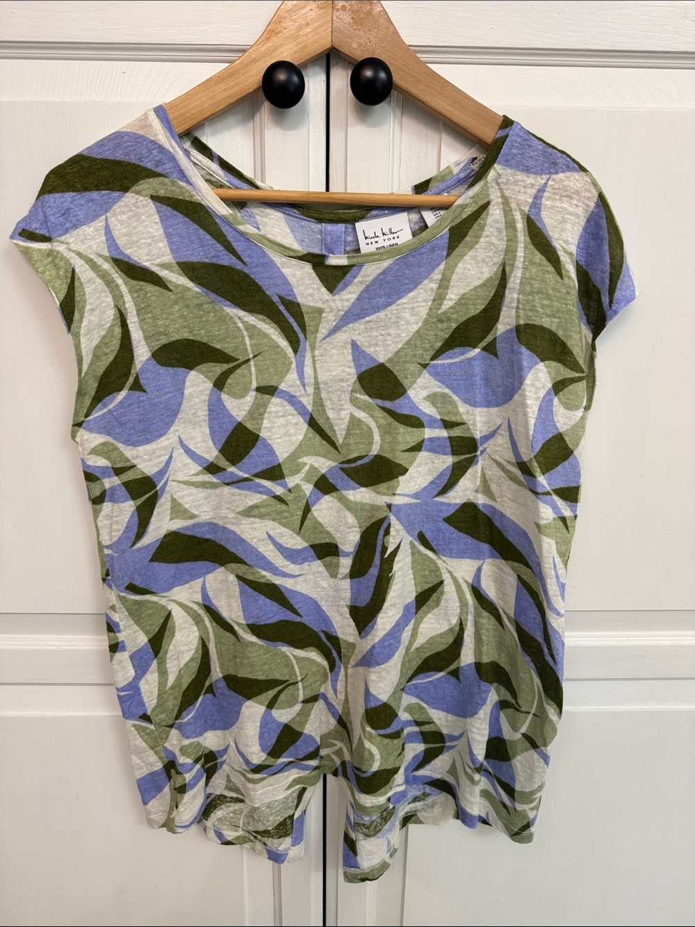 Nicole Miller 100% Linen Lavender & Olive Print Cap-Sleeve Tee Button back sizeL